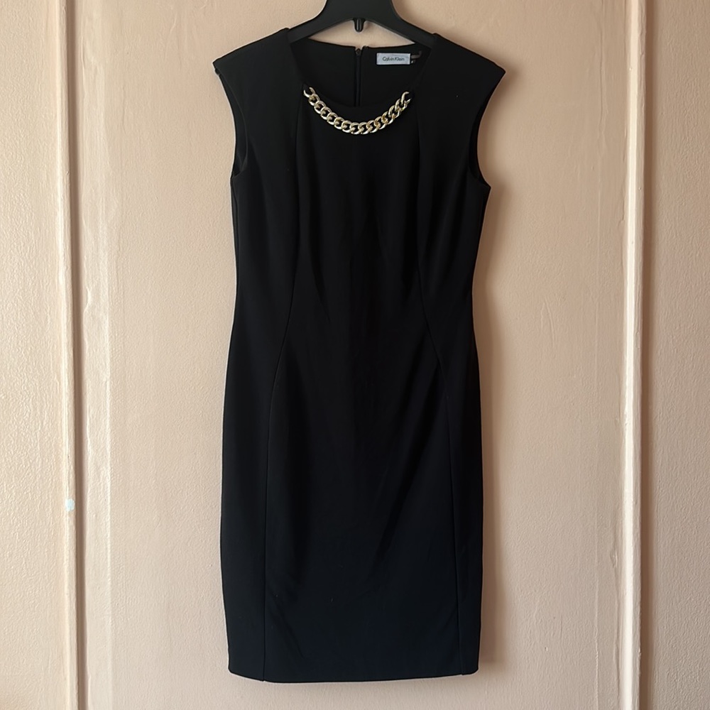 Calvin Klein Black Pencil Dress With Gold Chain